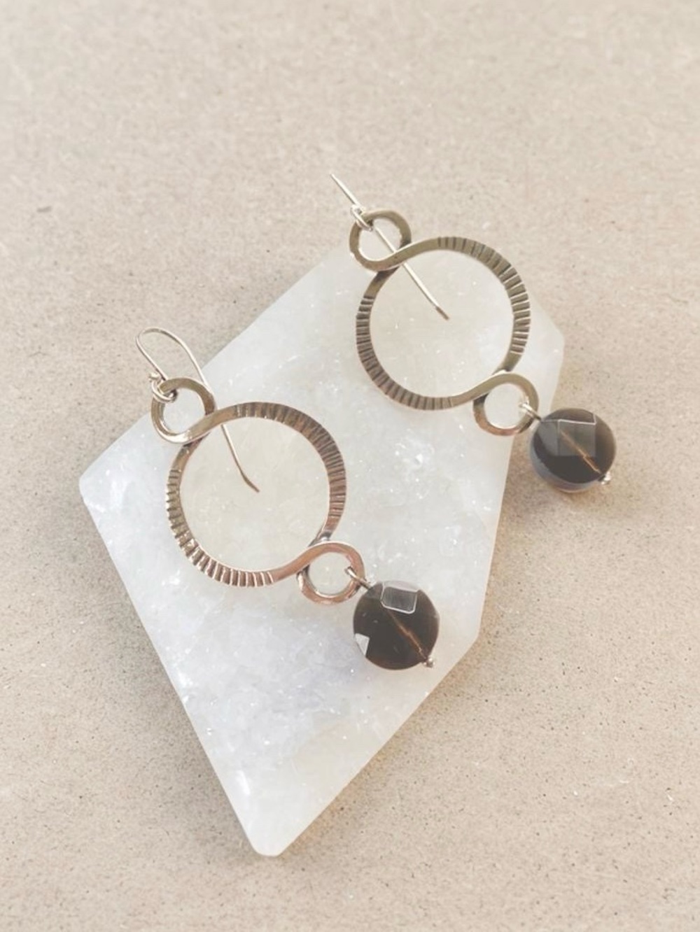Silpada Sterling Silver Textured Hoop Earrings with Faceted Smoky Quartz  R1485